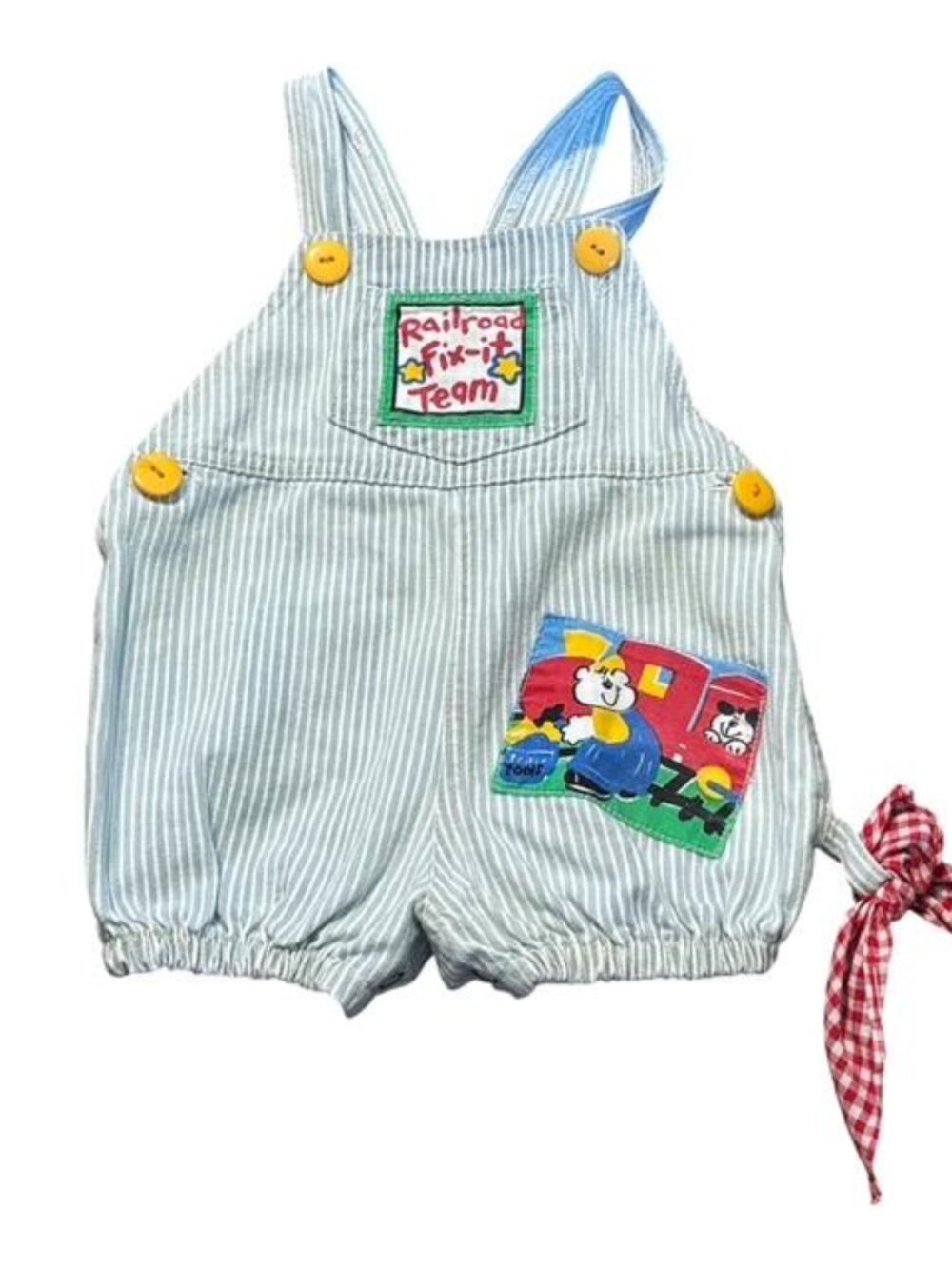 Vtg Hopscotch Mad USA Bubble Romper Pinstripe Train Railroad Primary Colors 6-9m